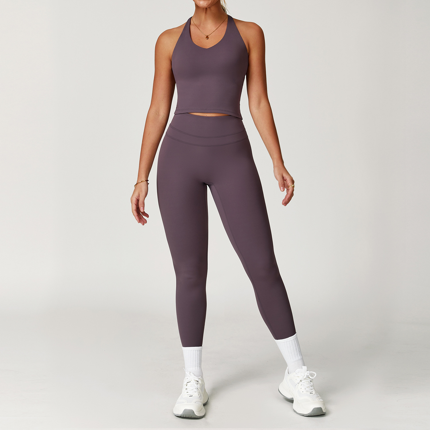 Women's Dark Purple 7/8 Yoga Leggings Set, Seamless High Waist Workout Outfit, Buttery Soft Sports Bra + Cropped Leggings, Gym Activewear