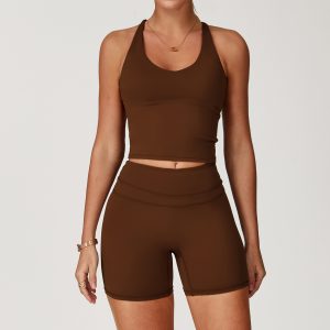 Women's Brown Yoga Set, High Waist Biker Shorts + Sports Bra, Seamless 2 Piece Workout Outfit, Buttery Soft Gym Fitness Activewear
