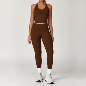 Women's Brown Yoga Leggings Set, 2 Piece High Waist Workout Outfit, Seamless Buttery Soft Sports Bra + Leggings, Gym Running Activewear